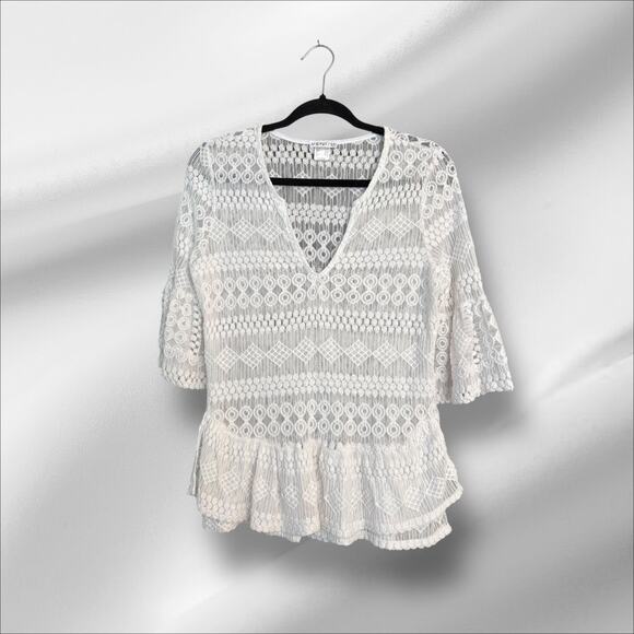 Venus Lace Top Blouse Shirt M Ruffle Hem V-neck Flate Sleeves Feminine Romantic - Picture 6 of 9